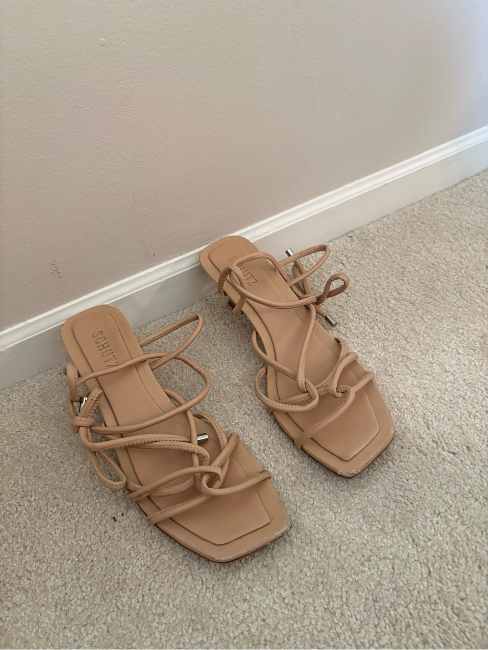 SCHUTZ Nude/Tan Strappy Square-Toe Slide Sandals